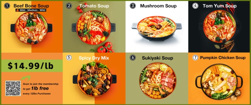 Fire Wok Hot Pot menu board showing 7 signature soup options including Beef Bone, Tomato, Mushroom, Tom Yum, Spicy Dry Mix, Sukiyaki, and Pumpkin Chicken